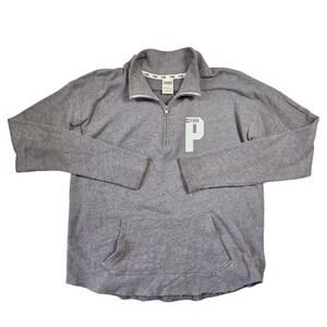 PINK Victoria's Secret Quarter Zip Pullover Gray Logo Raw Hem Sweatshirt Large